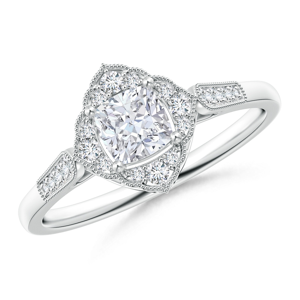 4.5mm GVS2 Art Deco Style Cushion Diamond Ornate Halo Engagement Ring in White Gold