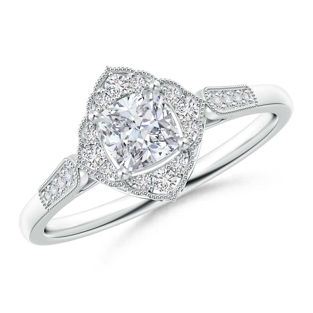 4.5mm HSI2 Art Deco Style Cushion Diamond Ornate Halo Engagement Ring in White Gold