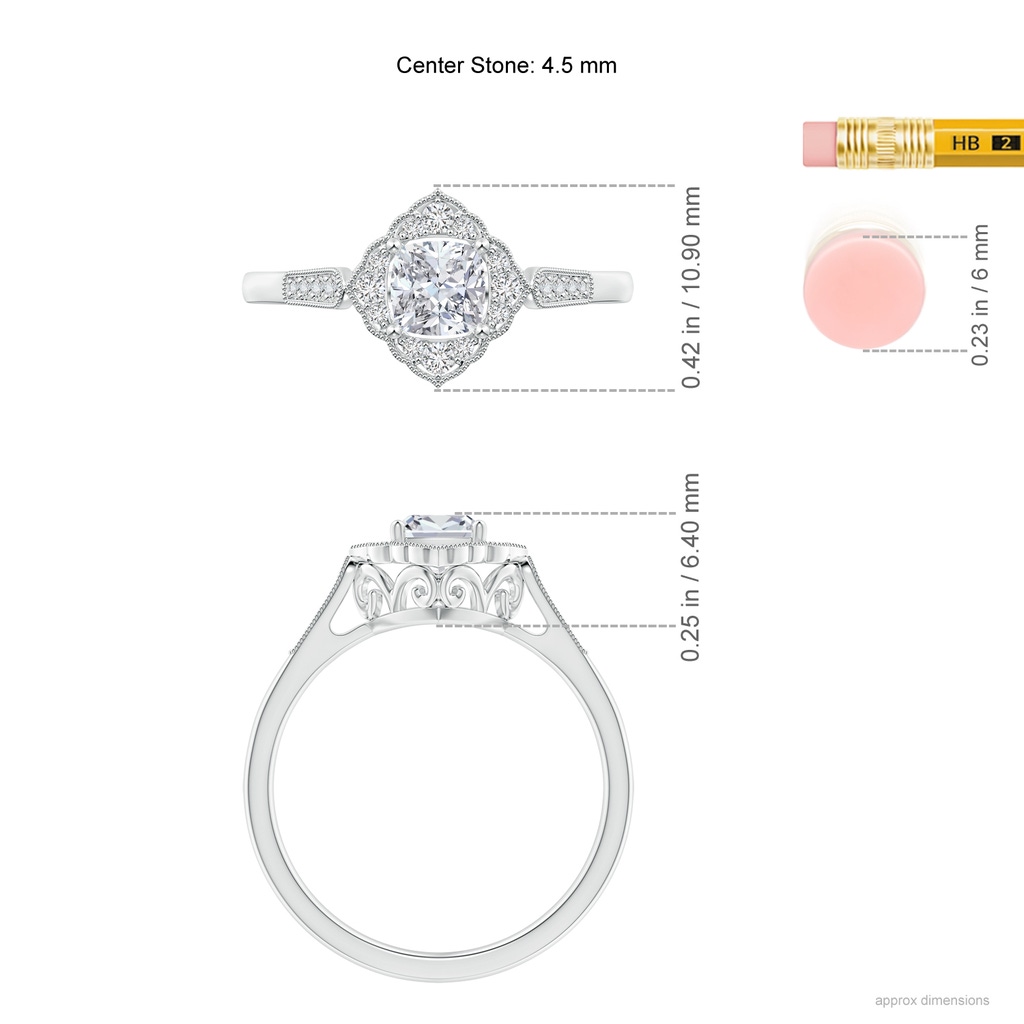4.5mm HSI2 Art Deco Style Cushion Diamond Ornate Halo Engagement Ring in White Gold Ruler