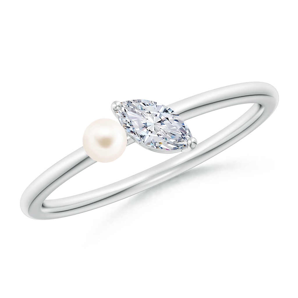 3mm AAA Freshwater Pearl & Tilted Marquise Diamond 2-Stone Grande Engagement Ring in 18K White Gold