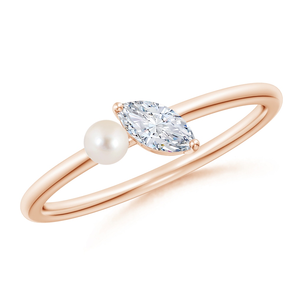 3mm AAAA Freshwater Pearl & Tilted Marquise Diamond 2-Stone Grande Engagement Ring in Rose Gold