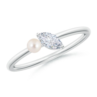 3mm AAAA Freshwater Pearl & Tilted Marquise Diamond 2-Stone Grande Engagement Ring in White Gold