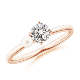 3mm AA Freshwater Pearl & Tilted Round Diamond 2-Stone Grande Engagement Ring in Rose Gold