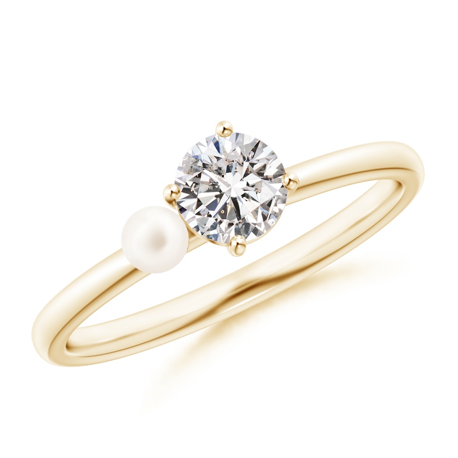 3mm AA Freshwater Pearl & Tilted Round Diamond 2-Stone Grande Engagement Ring in Yellow Gold 