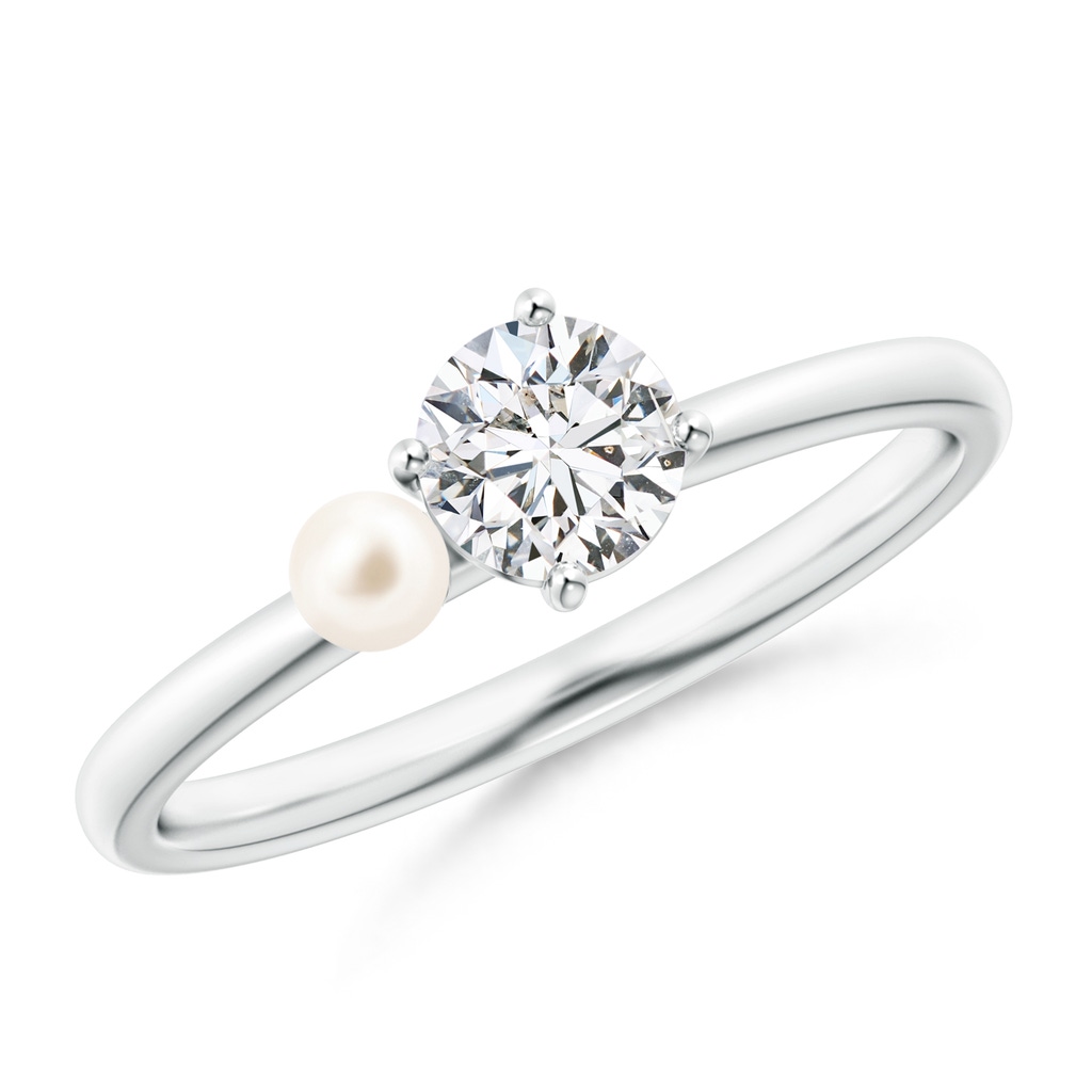 3mm AAA Freshwater Pearl & Tilted Round Diamond 2-Stone Grande Engagement Ring in White Gold