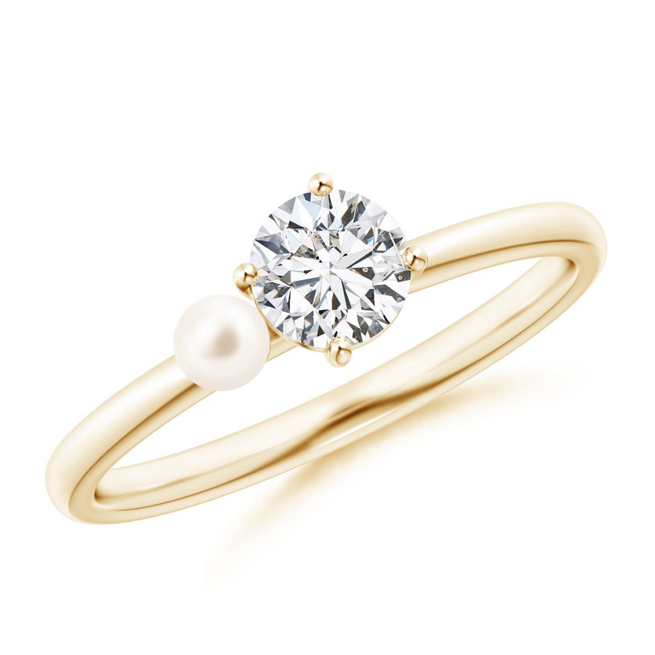 3mm AAA Freshwater Pearl & Tilted Round Diamond 2-Stone Grande Engagement Ring in Yellow Gold 