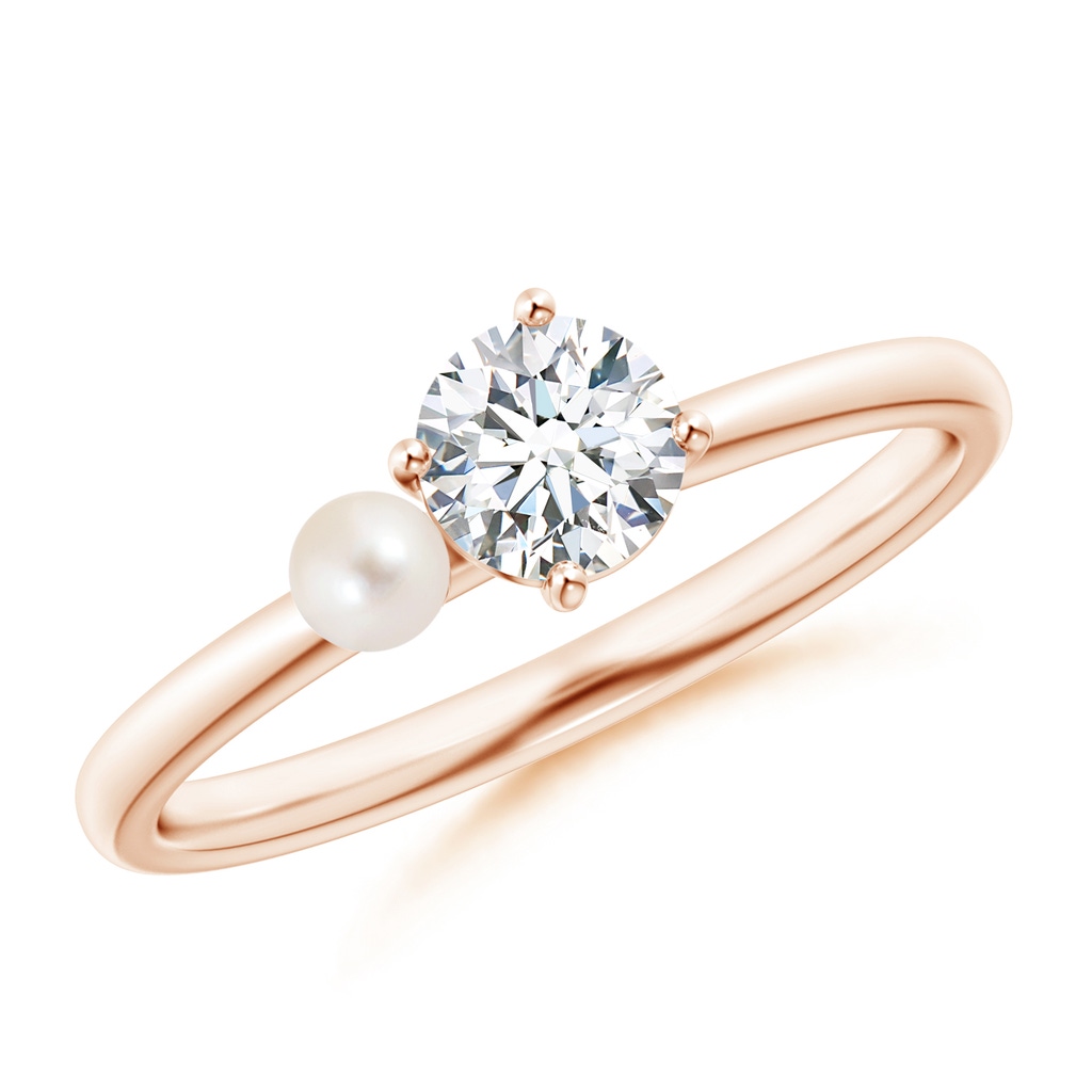 3mm AAAA Freshwater Pearl & Tilted Round Diamond 2-Stone Grande Engagement Ring in Rose Gold