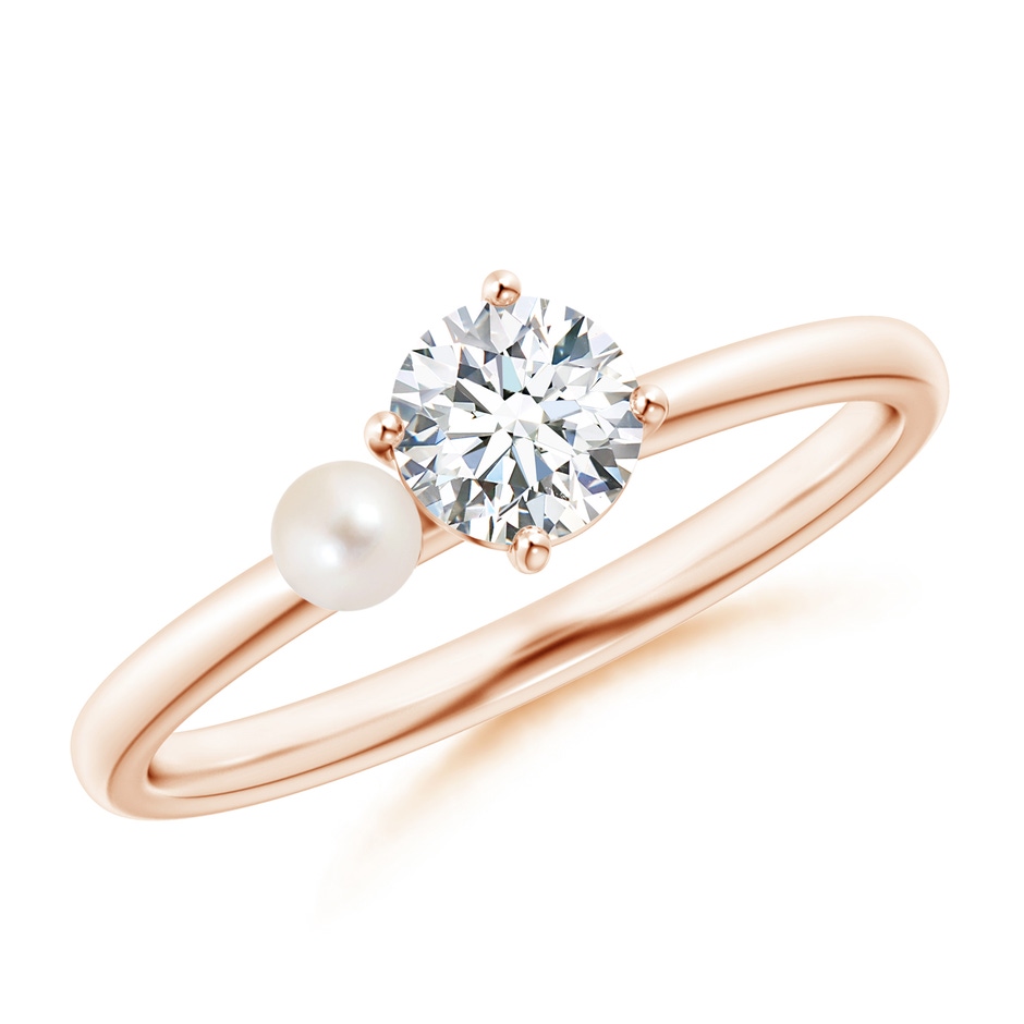 3mm AAAA Freshwater Pearl & Tilted Round Diamond 2-Stone Grande Engagement Ring in Rose Gold 