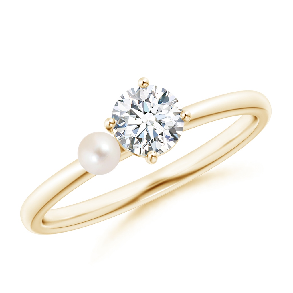 3mm AAAA Freshwater Pearl & Tilted Round Diamond 2-Stone Grande Engagement Ring in Yellow Gold