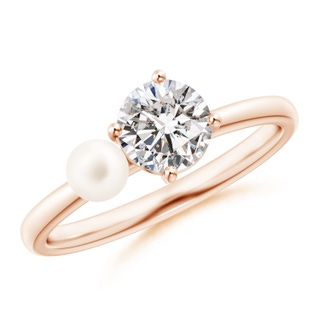 4mm AA Freshwater Pearl & Tilted Round Diamond 2-Stone Grande Engagement Ring in Rose Gold
