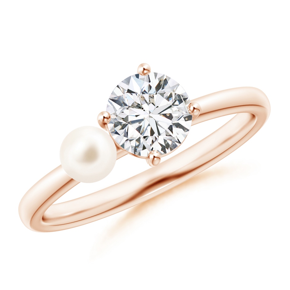 4mm AAA Freshwater Pearl & Tilted Round Diamond 2-Stone Grande Engagement Ring in Rose Gold 