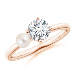 4mm AAAA Freshwater Pearl & Tilted Round Diamond 2-Stone Grande Engagement Ring in Rose Gold