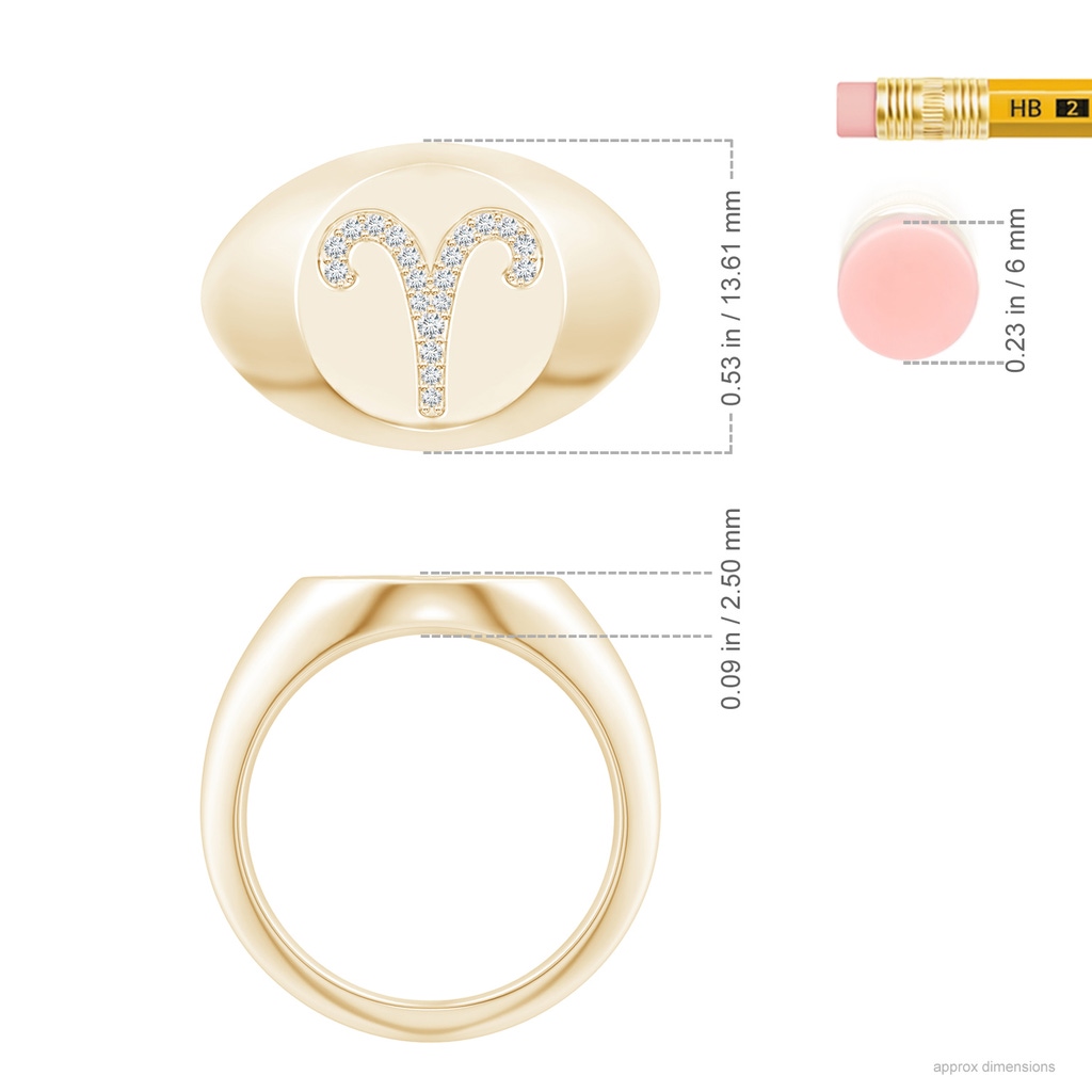 1.1mm GVS2 Diamond Aries Zodiac Sign Signet Ring in Yellow Gold Ruler