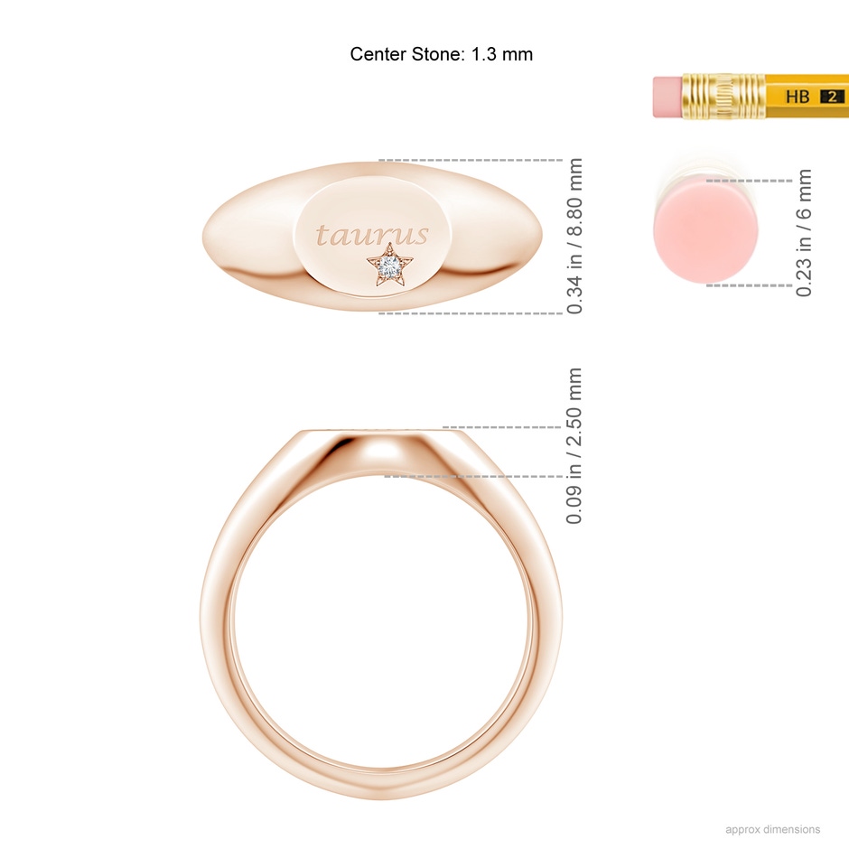1.3mm GVS2 Diamond Taurus Engraved Signet Ring in Rose Gold ruler