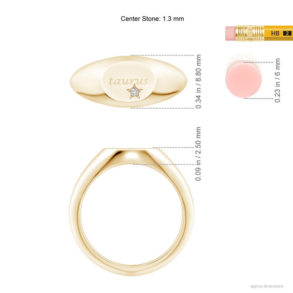 1.3mm HSI2 Diamond Taurus Engraved Signet Ring in Yellow Gold ruler
