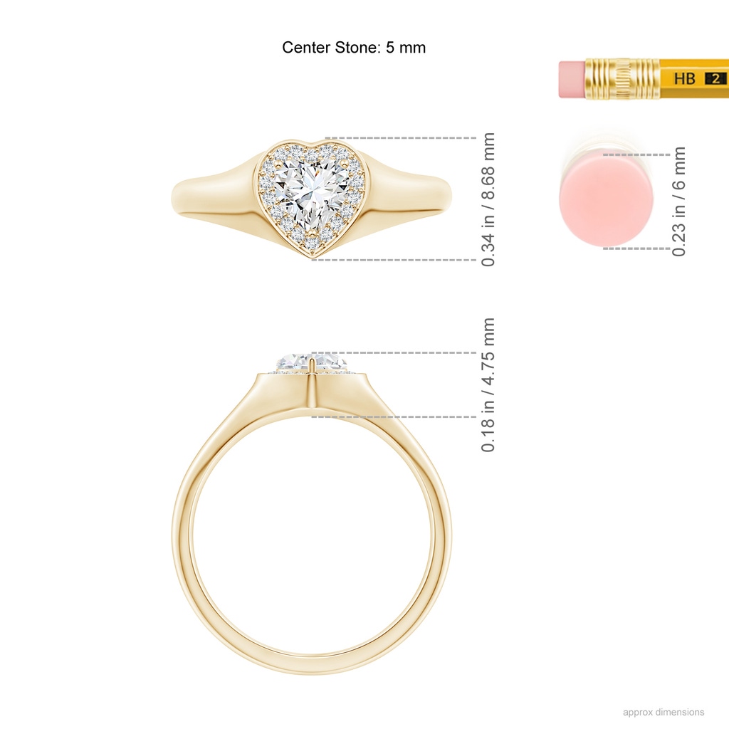 5mm GVS2 Heart-Shaped Diamond Halo Signet Ring in Yellow Gold Ruler