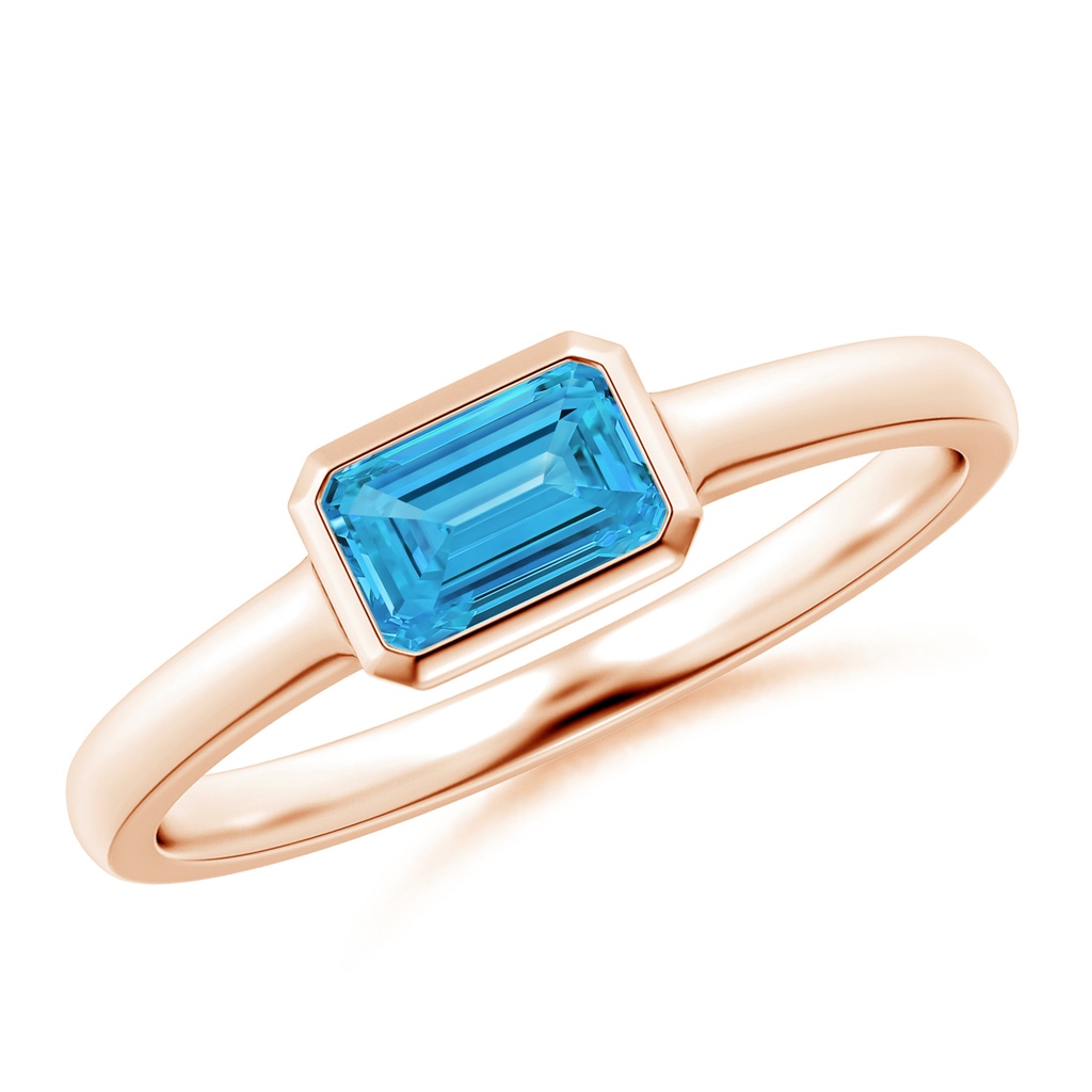 6x4mm AAAA East-West Emerald-Cut Fancy Intense Blue Diamond Solitaire Ring in Bezel Setting in Rose Gold