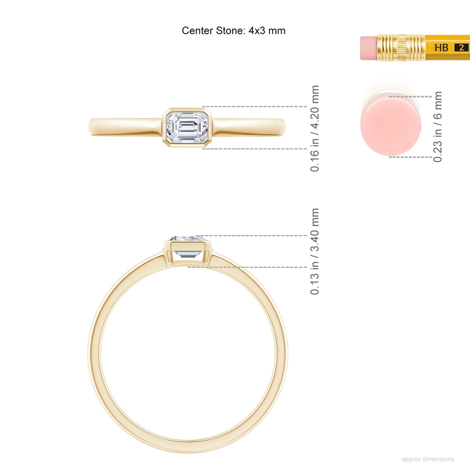 4x3mm HSI2 East-West Emerald-Cut Diamond Solitaire Ring in Bezel Setting in Yellow Gold ruler