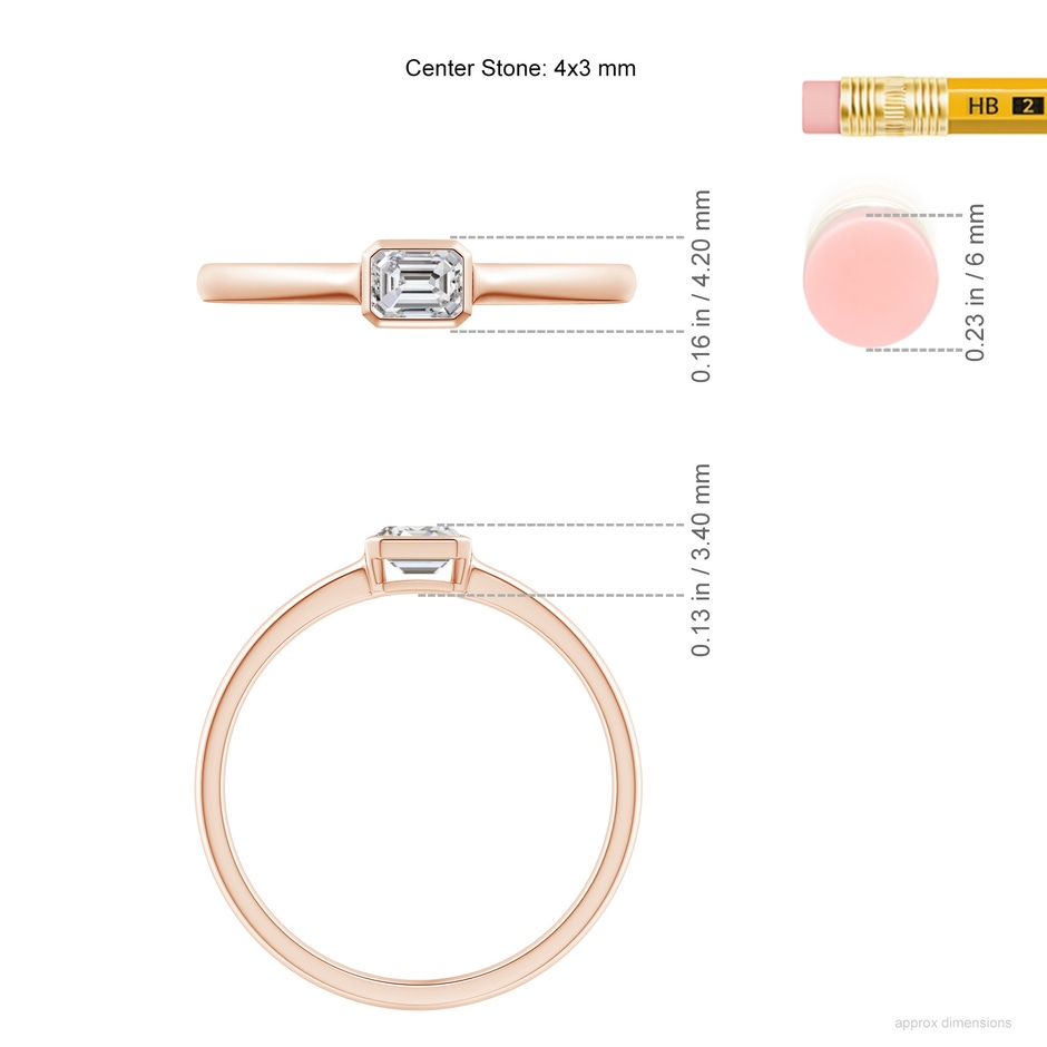 4x3mm IJI1I2 East-West Emerald-Cut Diamond Solitaire Ring in Bezel Setting in Rose Gold ruler
