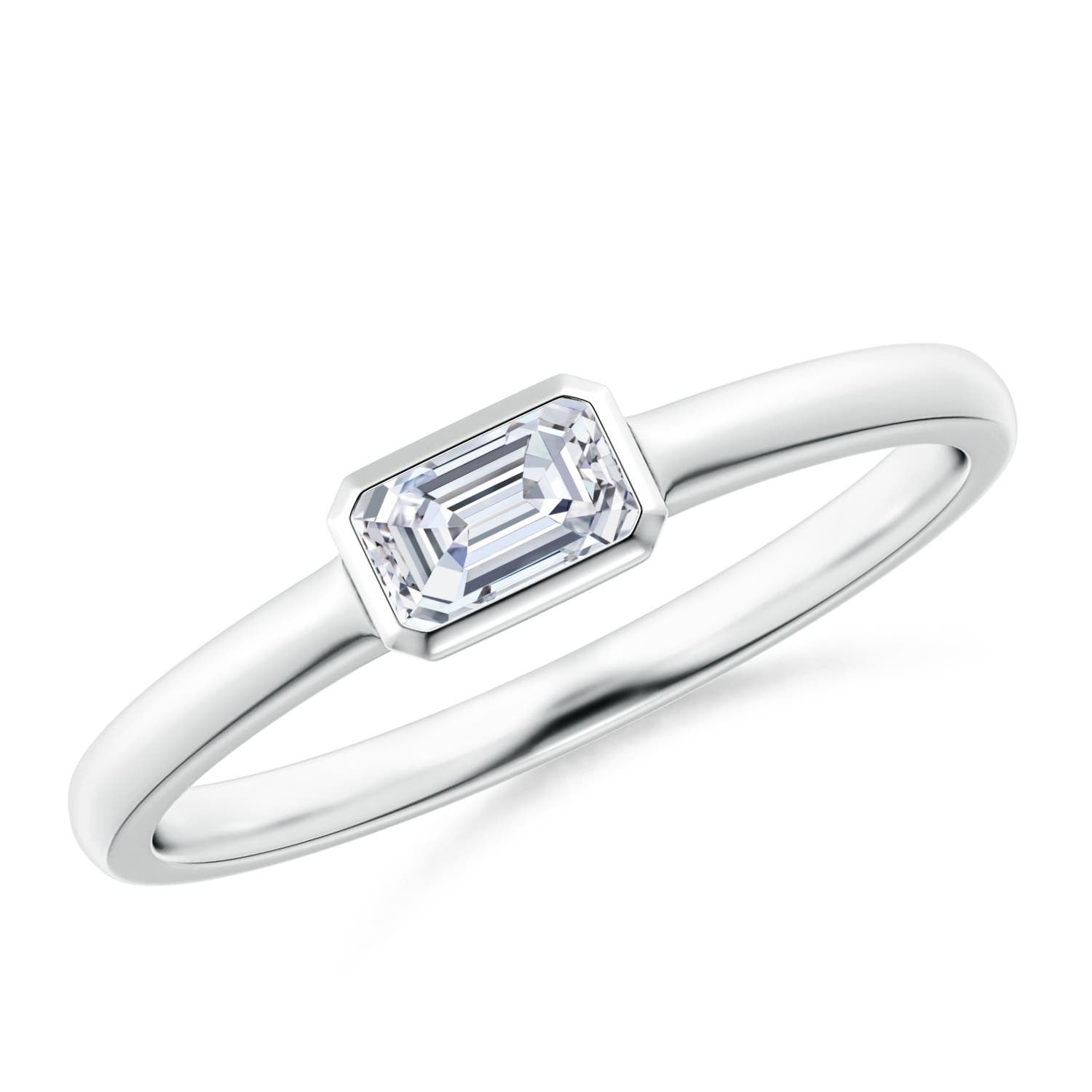 East West Emerald Cut Diamond Solitaire Ring in Bezel Setting