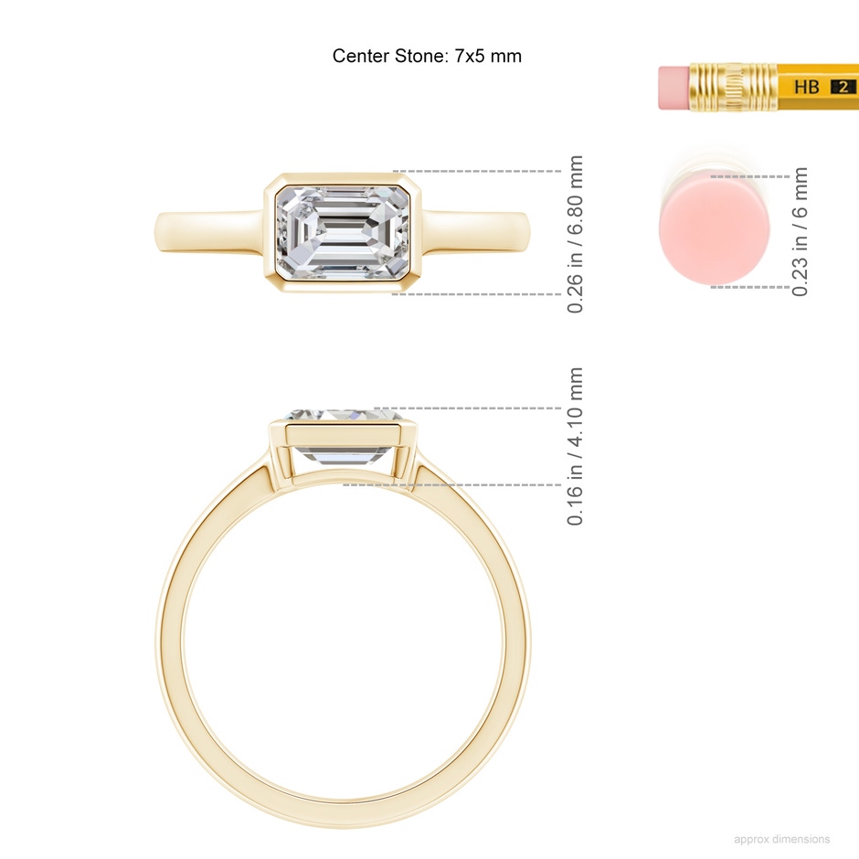 7x5mm IJI1I2 East-West Emerald-Cut Diamond Solitaire Ring in Bezel Setting in Yellow Gold ruler