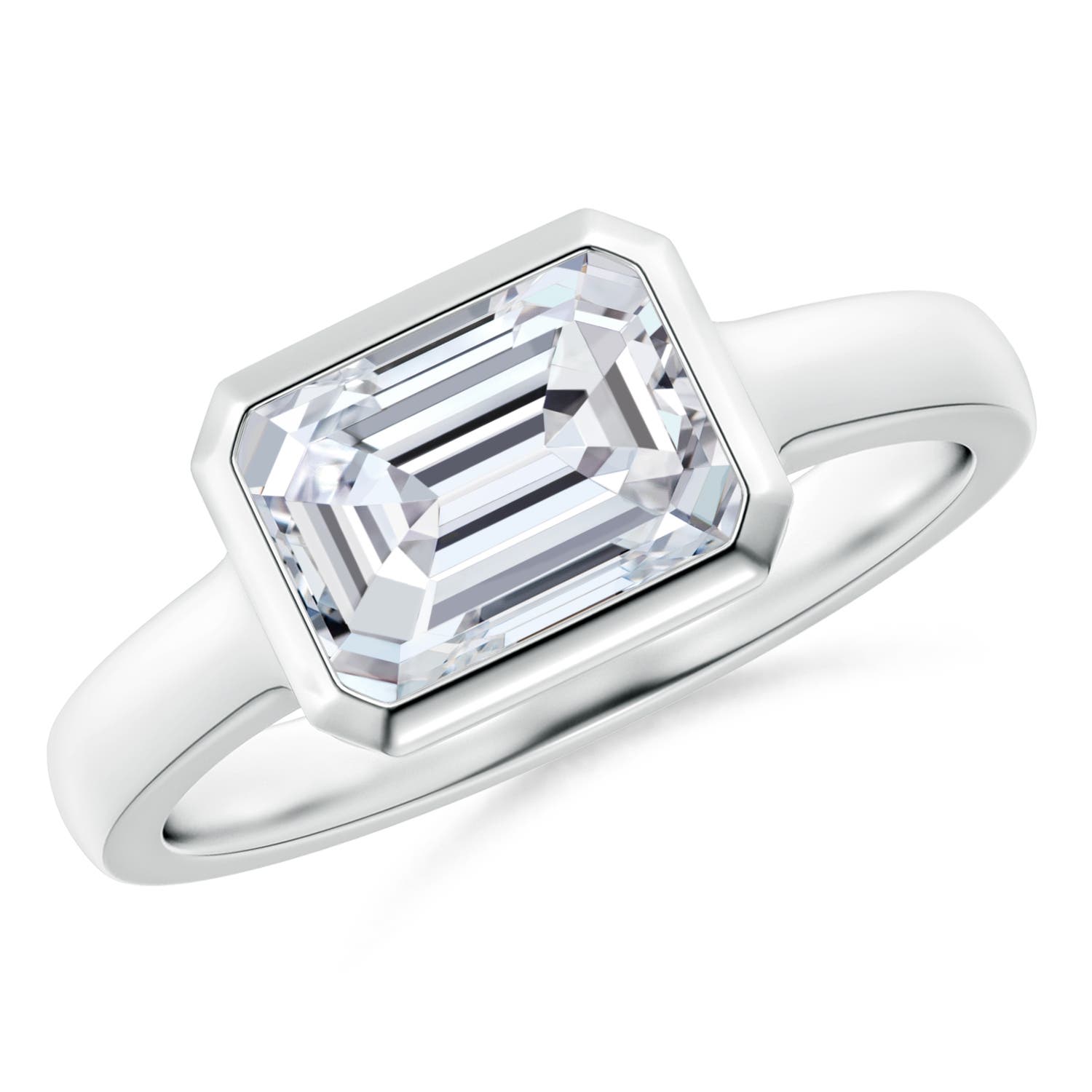 8.5x6.5mm HSI2 East-West Emerald-Cut Diamond Solitaire Ring in Bezel Setting in 18CT White Gold