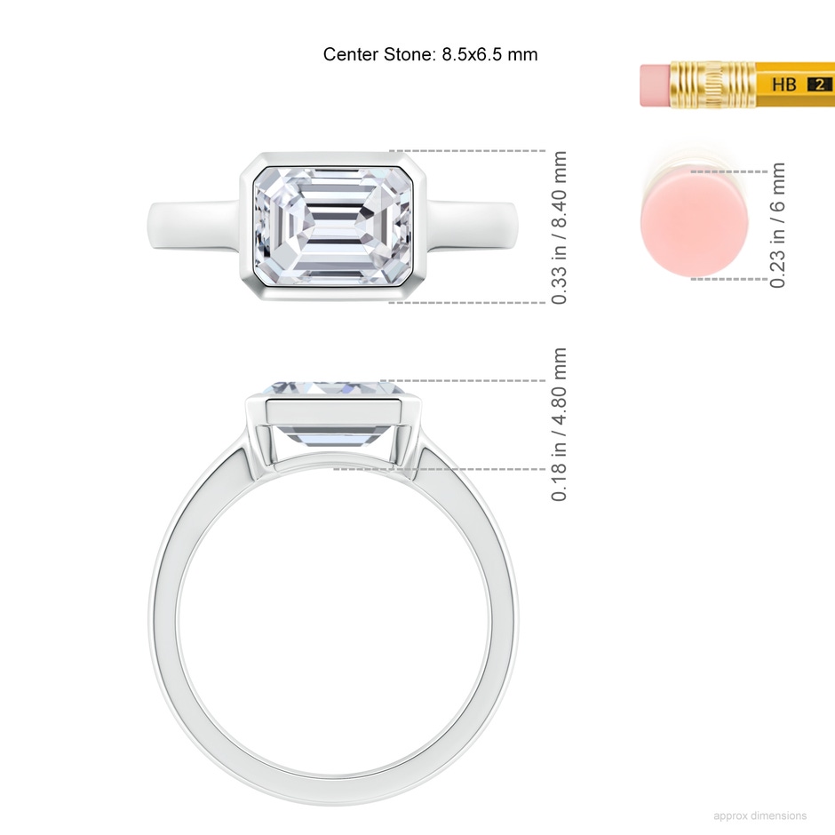 8.5x6.5mm HSI2 East-West Emerald-Cut Diamond Solitaire Ring in Bezel Setting in P950 Platinum ruler