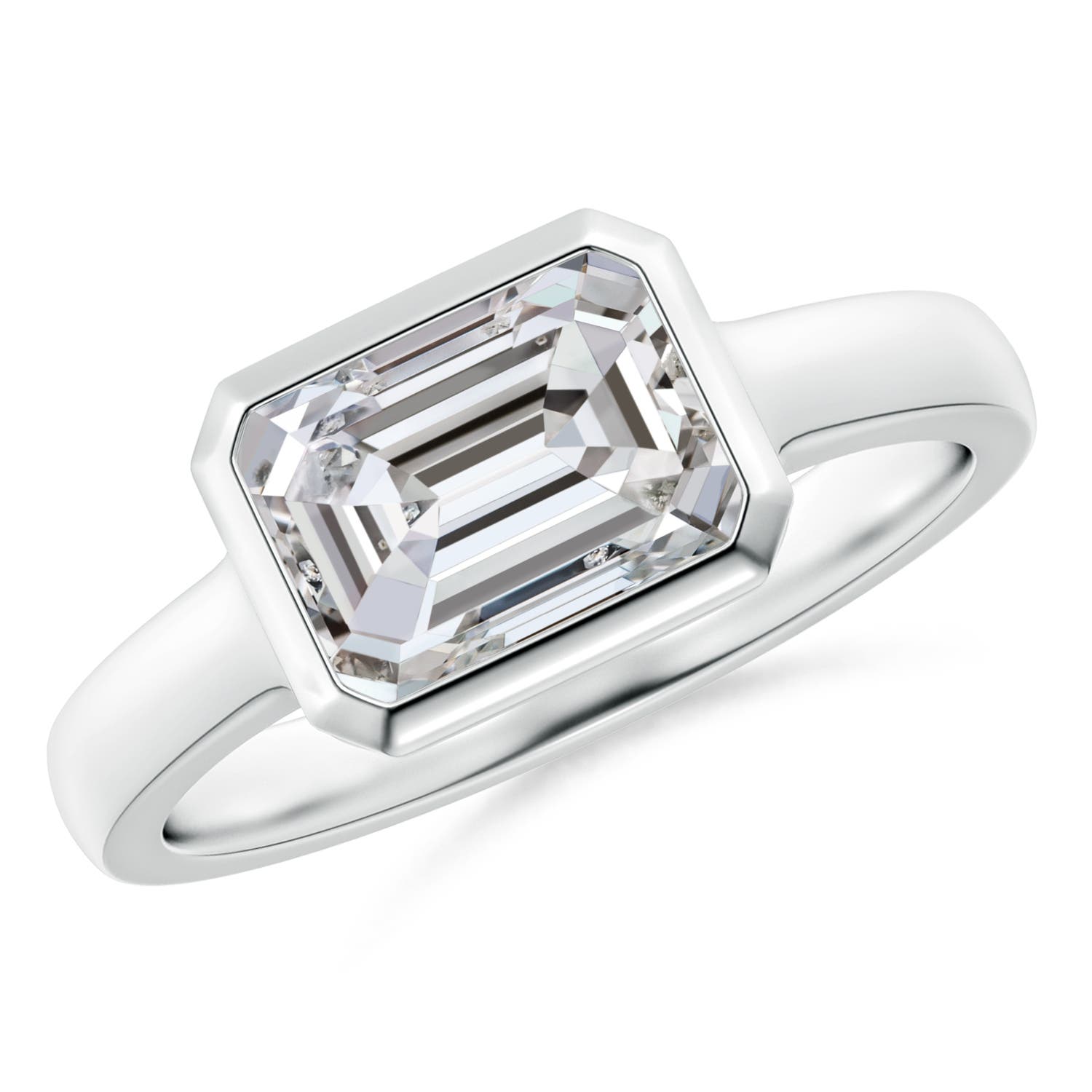8.5x6.5mm IJI1I2 East-West Emerald-Cut Diamond Solitaire Ring in Bezel Setting in 18CT White Gold