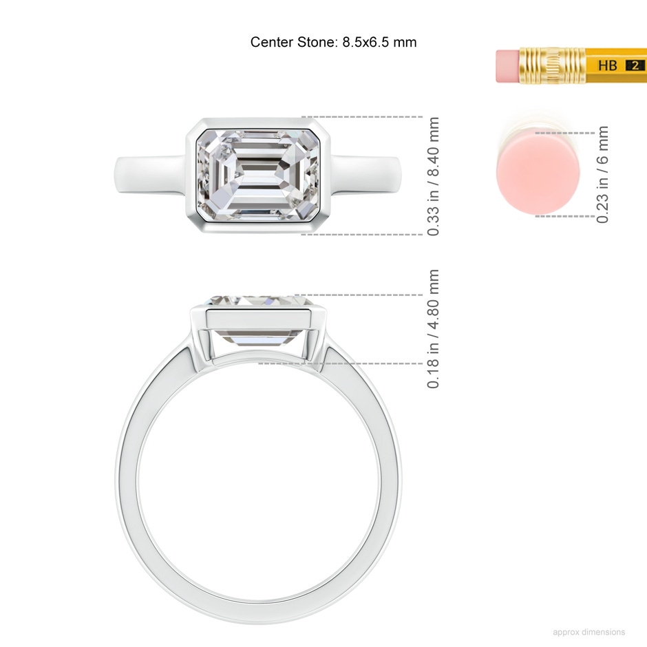 8.5x6.5mm IJI1I2 East-West Emerald-Cut Diamond Solitaire Ring in Bezel Setting in P950 Platinum ruler