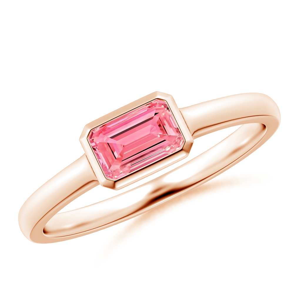6x4mm AAAA East-West Emerald-Cut Fancy Intense Pink Diamond Solitaire Ring in Bezel Setting in Rose Gold