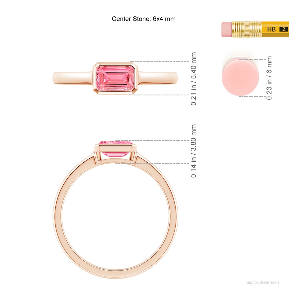 6x4mm AAAA East-West Emerald-Cut Fancy Intense Pink Diamond Solitaire Ring in Bezel Setting in Rose Gold ruler
