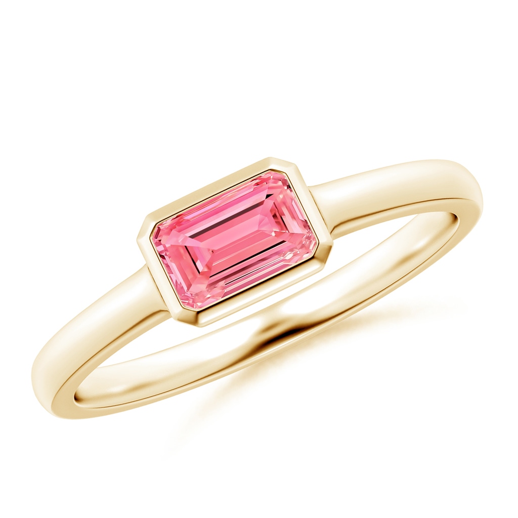 6x4mm AAAA East-West Emerald-Cut Fancy Intense Pink Diamond Solitaire Ring in Bezel Setting in Yellow Gold