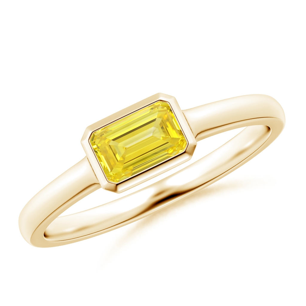 6x4mm AAAA East-West Emerald-Cut Fancy Intense Yellow Diamond Solitaire Ring in Bezel Setting in Yellow Gold