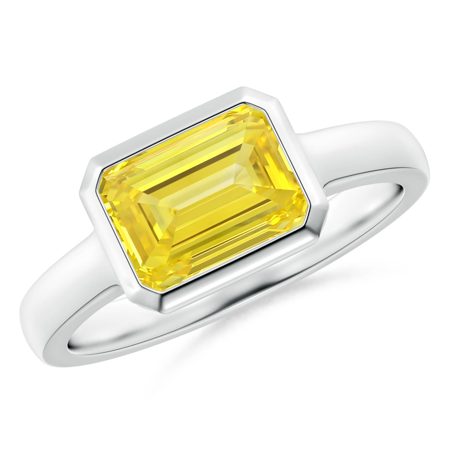 Angara 2.0 CTW East-West Emerald-Cut Fancy Intense Yellow Diamond Solitaire Engagement Ring in Bezel Setting in 14K White Gold