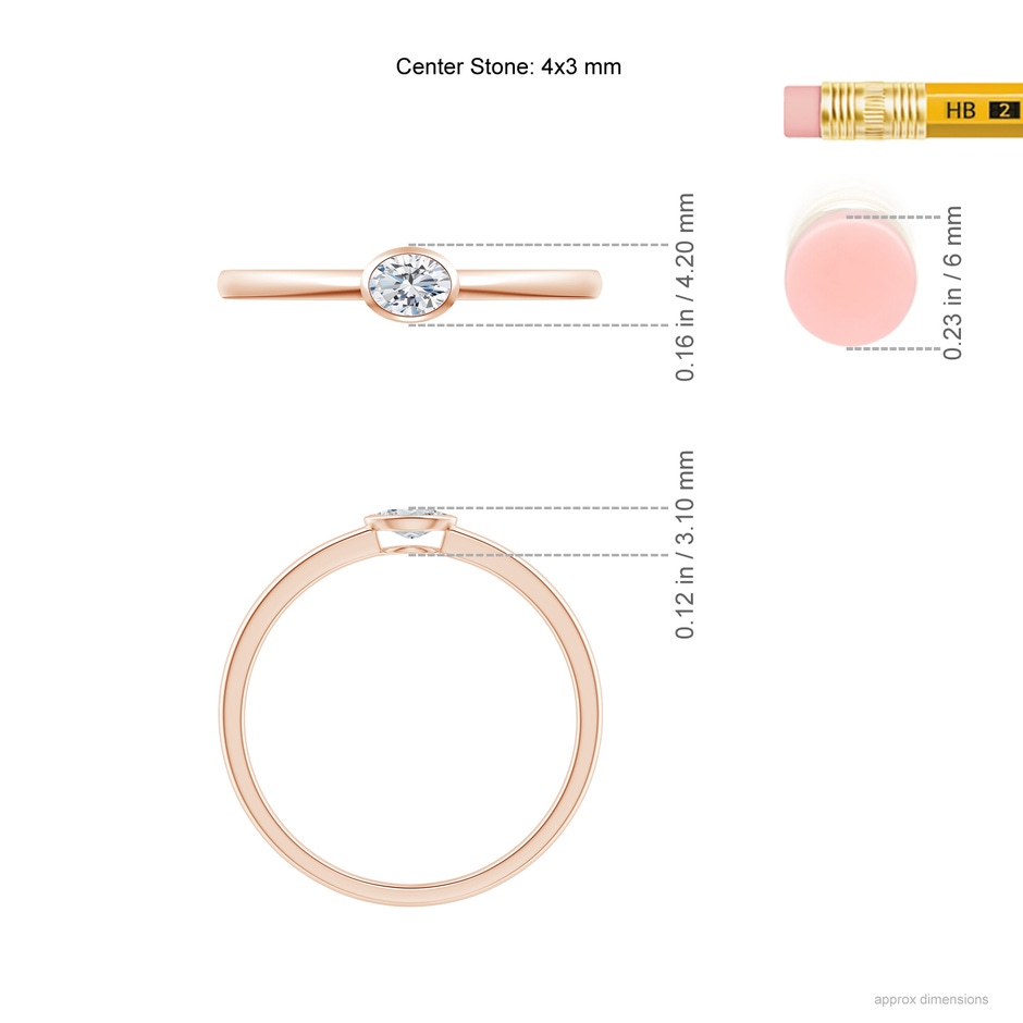 4x3mm GVS2 East-West Oval Diamond Solitaire Ring in Bezel Setting in Rose Gold ruler