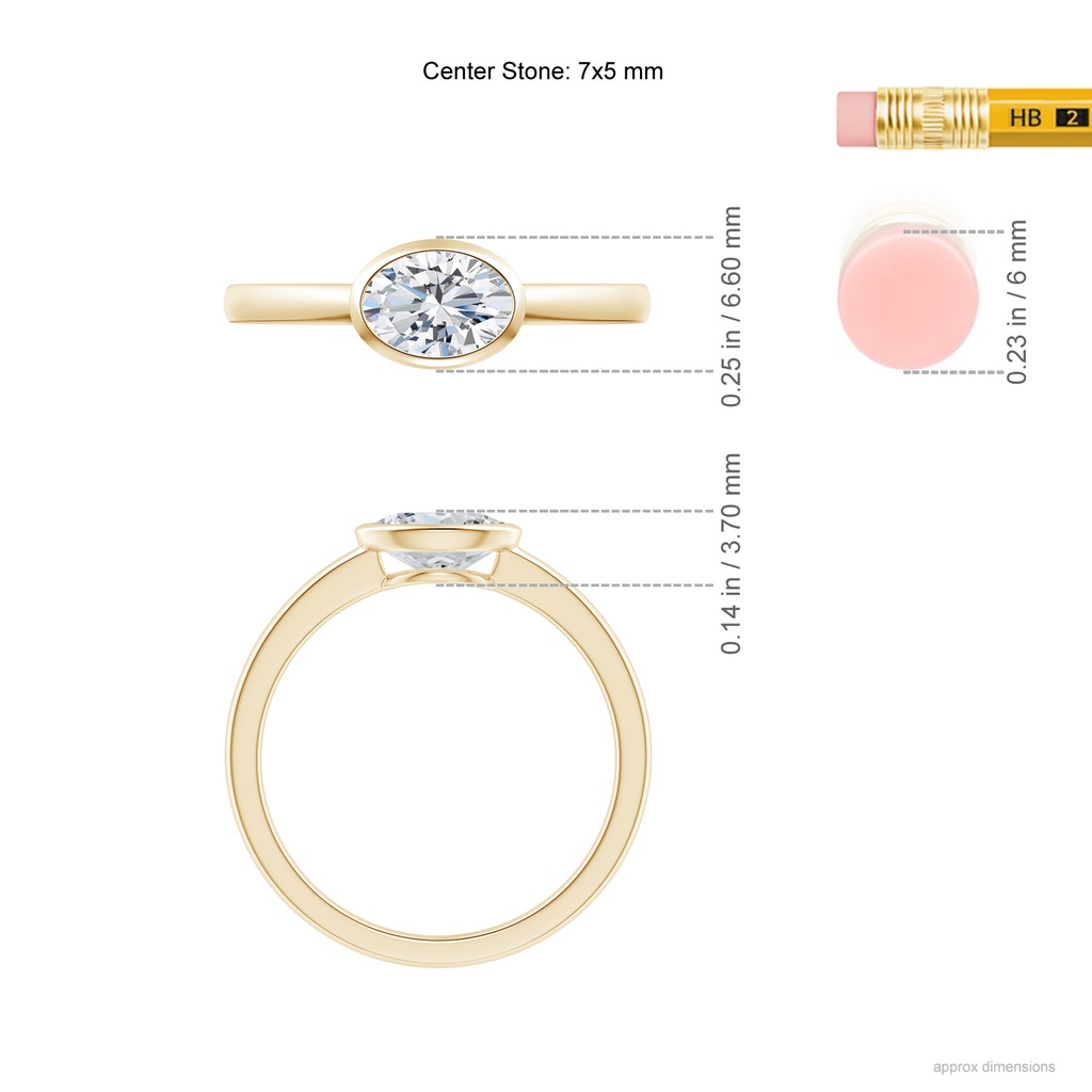 7x5mm GVS2 East-West Oval Diamond Solitaire Ring in Bezel Setting in Yellow Gold Ruler