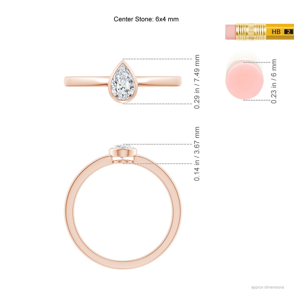 6x4mm GVS2 Bezel-Set Pear Diamond Solitaire Ring in Rose Gold ruler