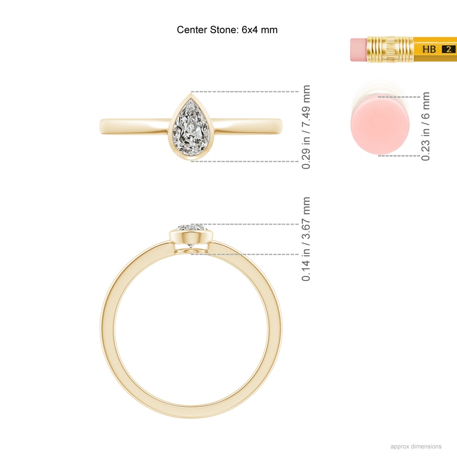 6x4mm KI3 Bezel-Set Pear Diamond Solitaire Ring in Yellow Gold ruler