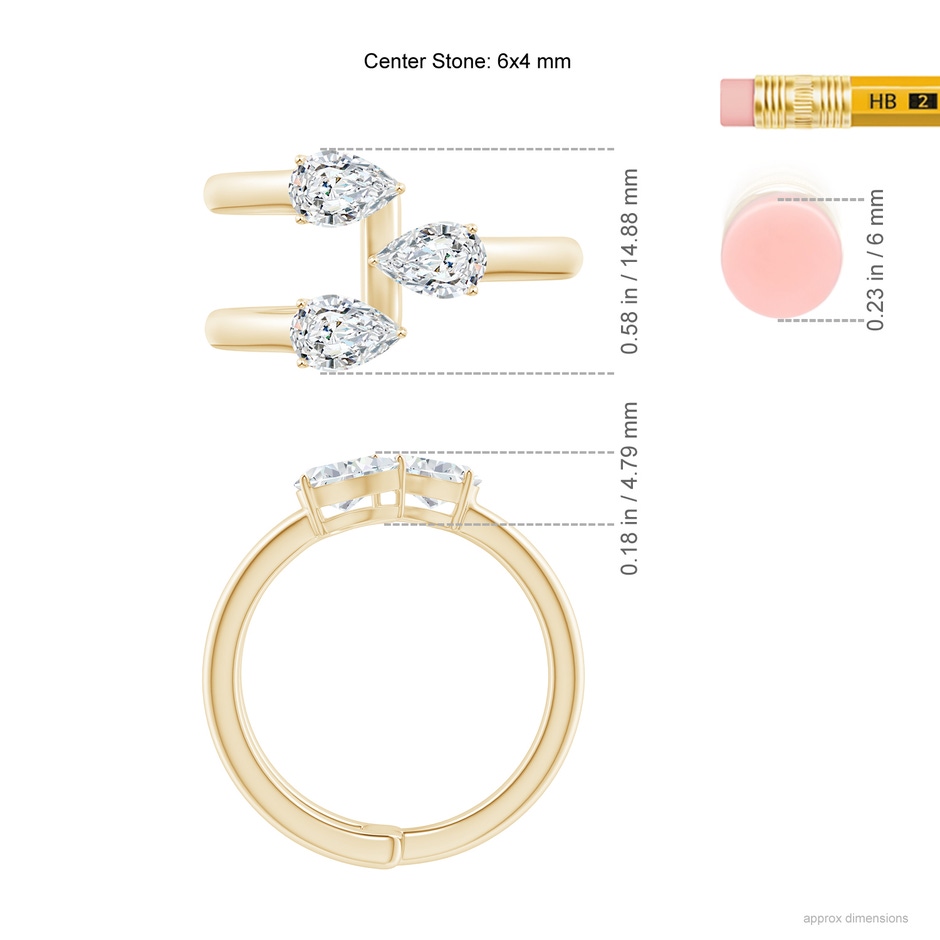 6x4mm GVS2 Pear-Shaped Diamond Three Stone Open Ring in Yellow Gold ruler