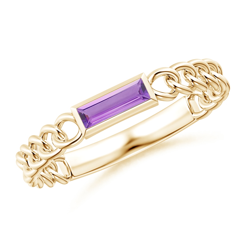 6x2mm A Bezel-Set Baguette Amethyst Solitaire Curb Link Ring in Yellow Gold 