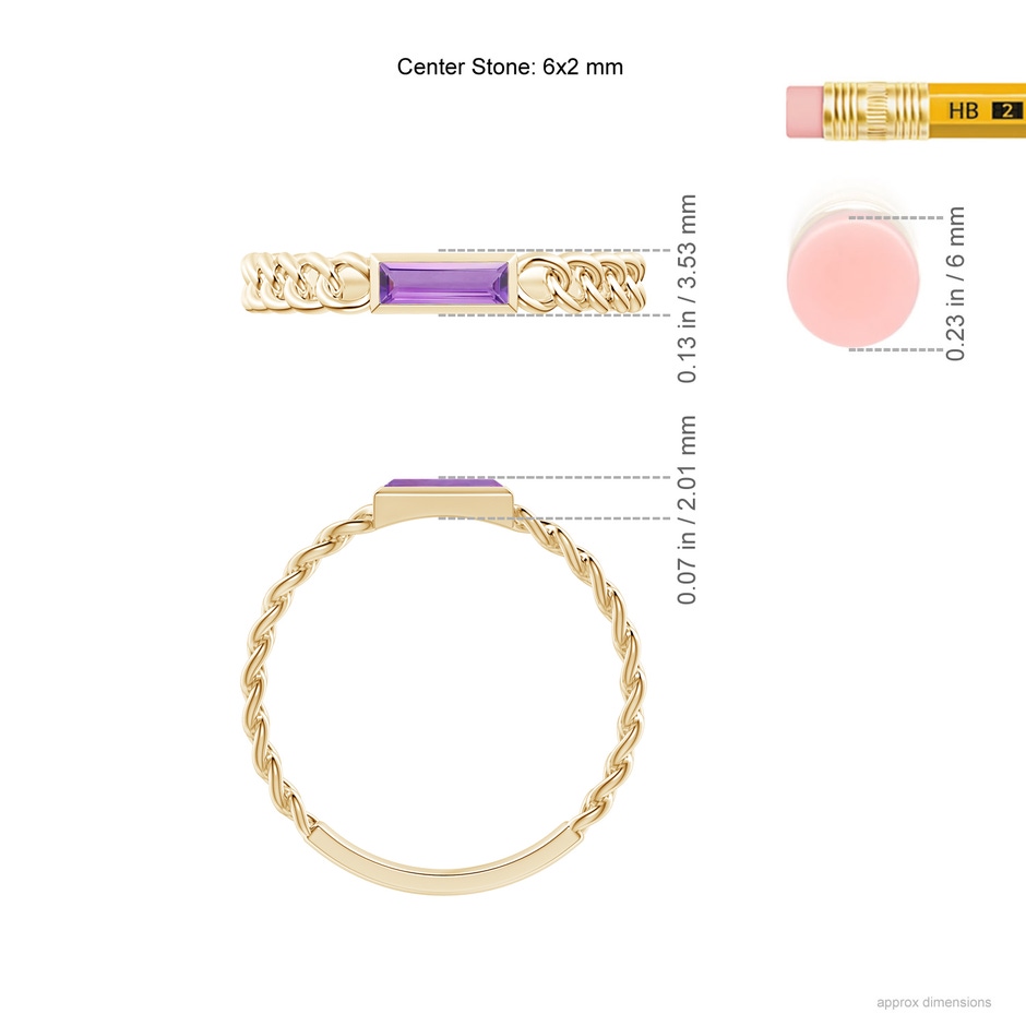 6x2mm A Bezel-Set Baguette Amethyst Solitaire Curb Link Ring in Yellow Gold ruler