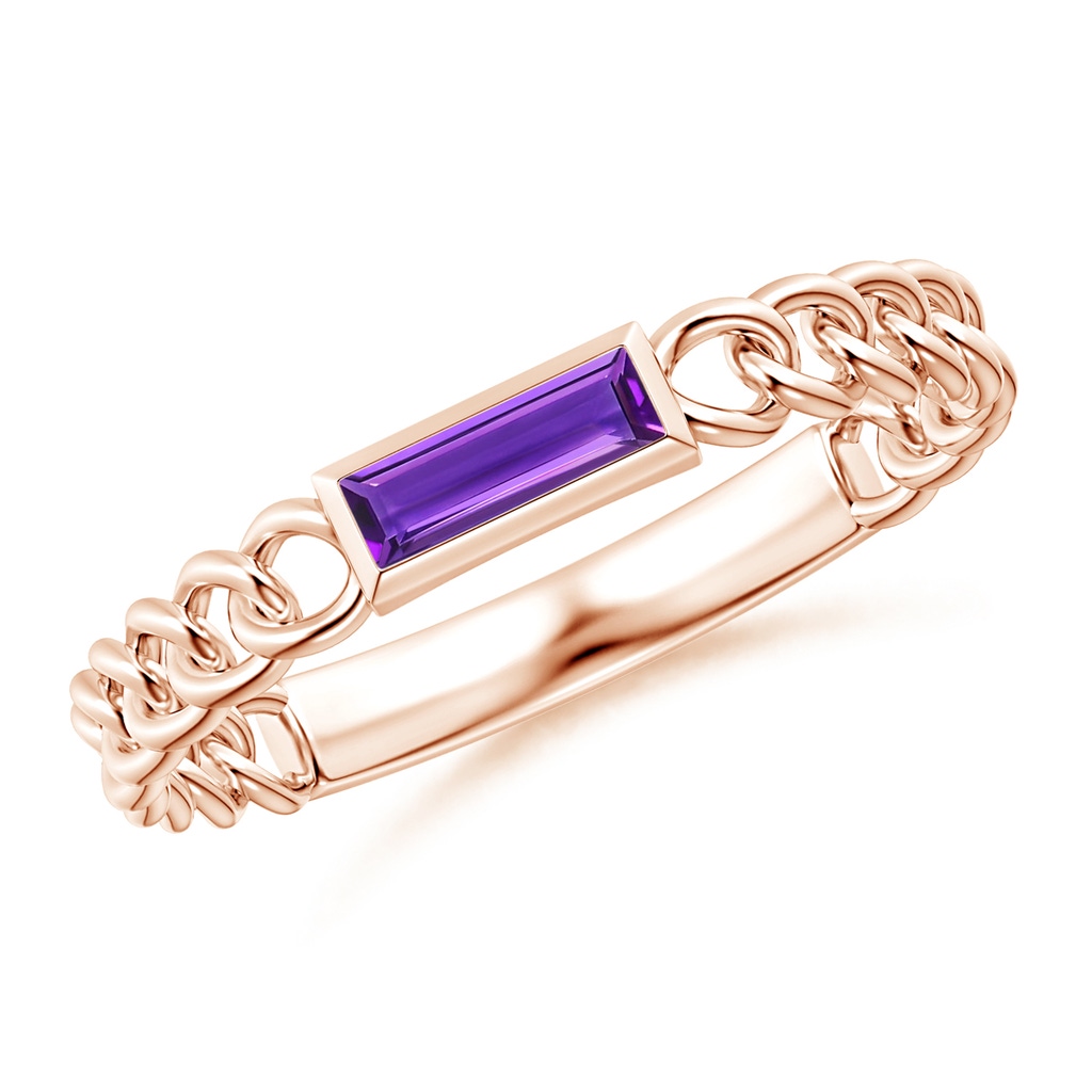 6x2mm AAAA Bezel-Set Baguette Amethyst Solitaire Curb Link Ring in Rose Gold