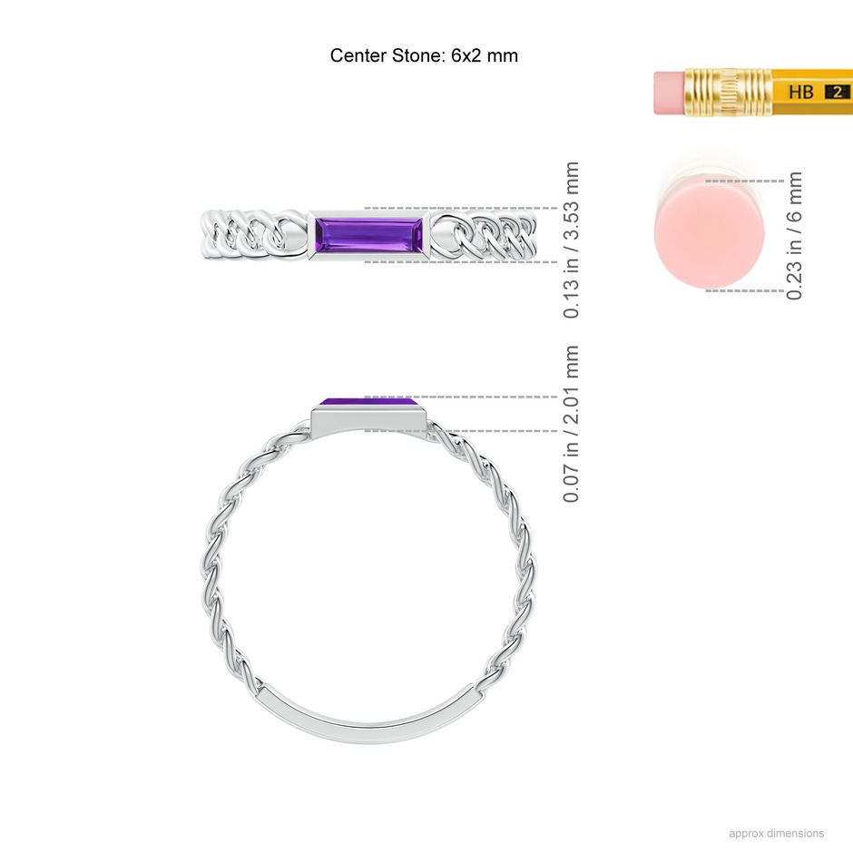 6x2mm AAAA Bezel-Set Baguette Amethyst Solitaire Curb Link Ring in White Gold ruler