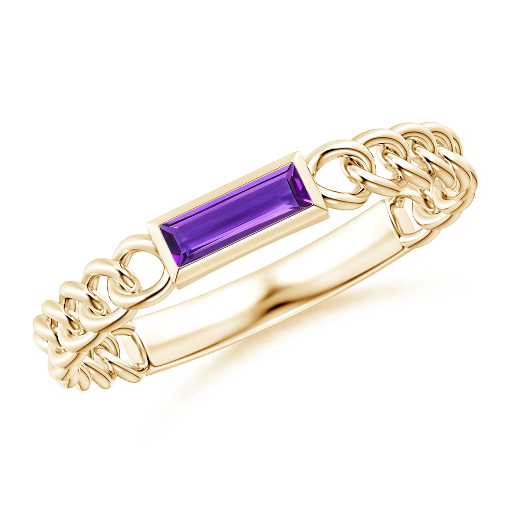 6x2mm AAAA Bezel-Set Baguette Amethyst Solitaire Curb Link Ring in Yellow Gold