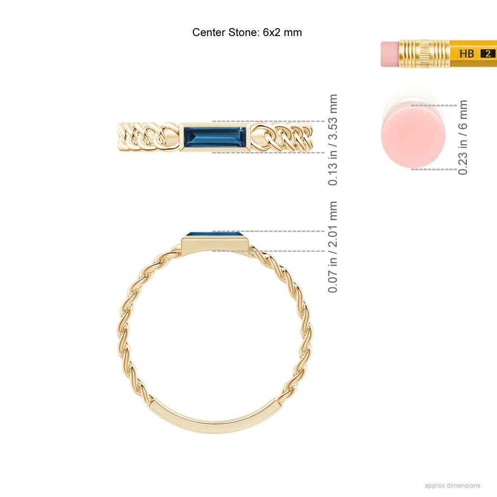 6x2mm AAAA Bezel-Set Baguette London Blue Topaz Solitaire Curb Link Ring in 10K Yellow Gold Ruler