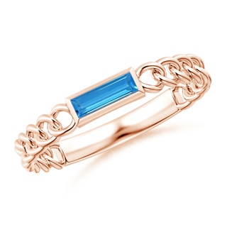 6x2mm AAAA Bezel-Set Baguette Swiss Blue Topaz Solitaire Curb Link Ring in Rose Gold