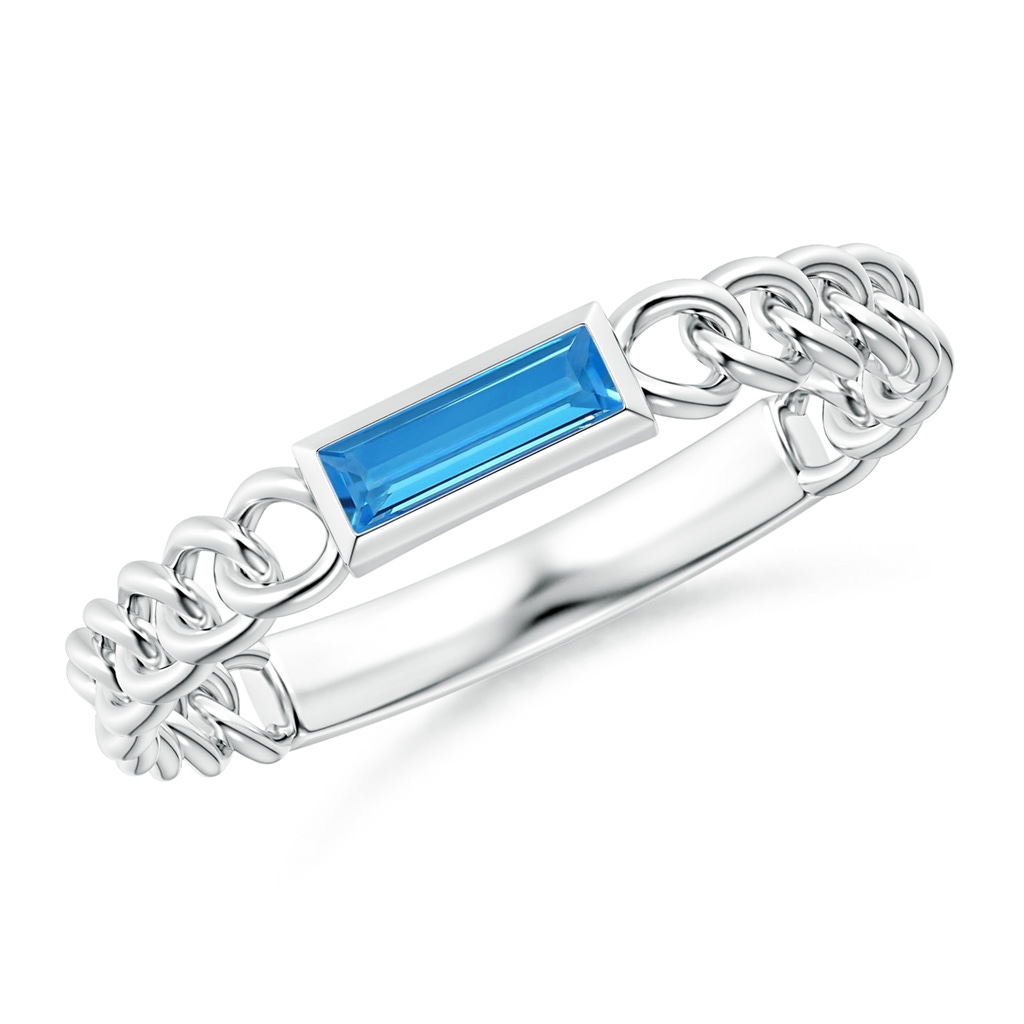 6x2mm AAAA Bezel-Set Baguette Swiss Blue Topaz Solitaire Curb Link Ring in White Gold