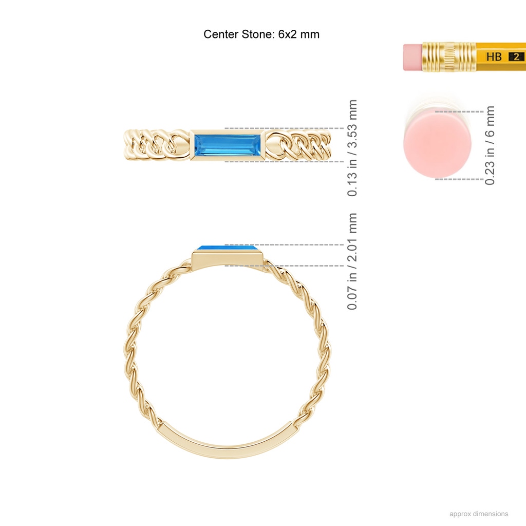 6x2mm AAAA Bezel-Set Baguette Swiss Blue Topaz Solitaire Curb Link Ring in Yellow Gold Ruler