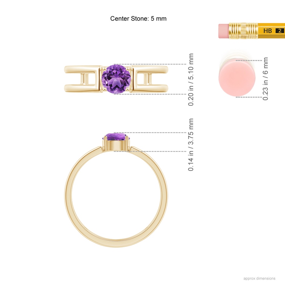 5mm AA Amethyst Solitaire Parallel Split Shank Ring in Yellow Gold ruler