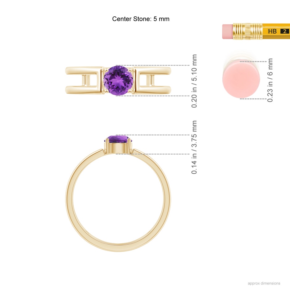 5mm AAA Amethyst Solitaire Parallel Split Shank Ring in Yellow Gold ruler